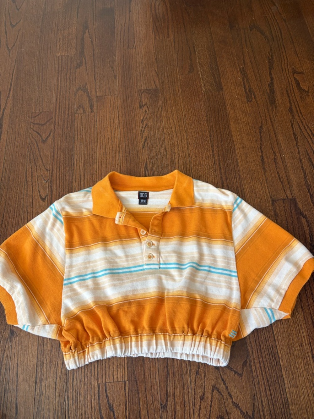 BDG Yellow-Orange Striped Cropped Polo with Aqua Accents